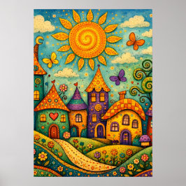 Whimsical Fairy Tale Village Colorful Canvas Art ポスター