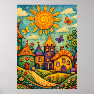 Whimsical Fairy Tale Village Colorful Canvas Art ポスター