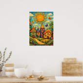 Whimsical Fairy Tale Village Colorful Canvas Art ポスター (キッチン)