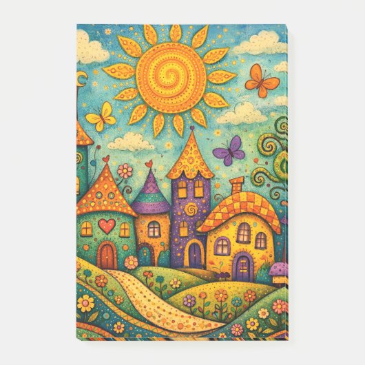 Whimsical Fairy Tale Village Colorful Canvas Art ポストイット (正面)