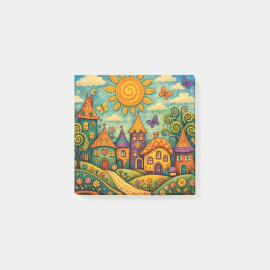 Whimsical Fairy Tale Village Colorful Canvas Art ポストイット (正面)
