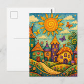 Whimsical Fairy Tale Village Colorful Canvas Art ポストカード (正面/裏面)