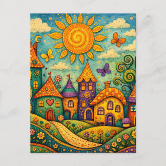 Whimsical Fairy Tale Village Colorful Canvas Art ポストカード