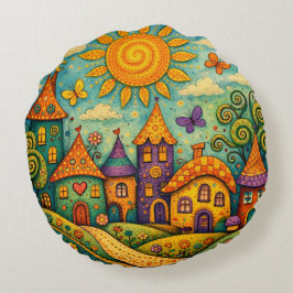 Whimsical Fairy Tale Village Colorful Canvas Art ラウンドクッション