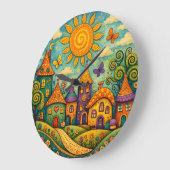 Whimsical Fairy Tale Village Colorful Canvas Art ラージ壁時計 (傾斜)