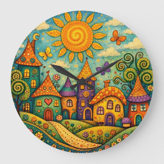 Whimsical Fairy Tale Village Colorful Canvas Art ラージ壁時計 (正面)