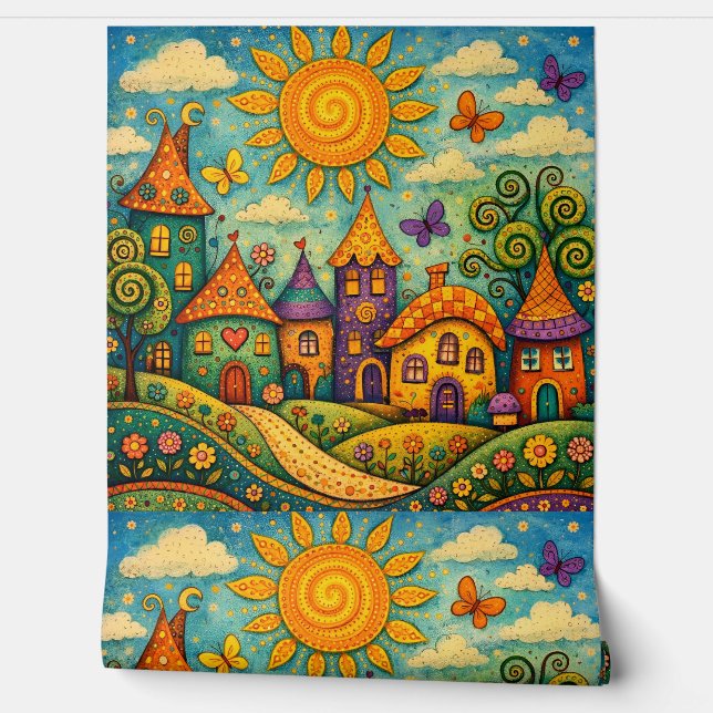 Whimsical Fairy Tale Village Colorful Canvas Art 壁紙 (ほどく)