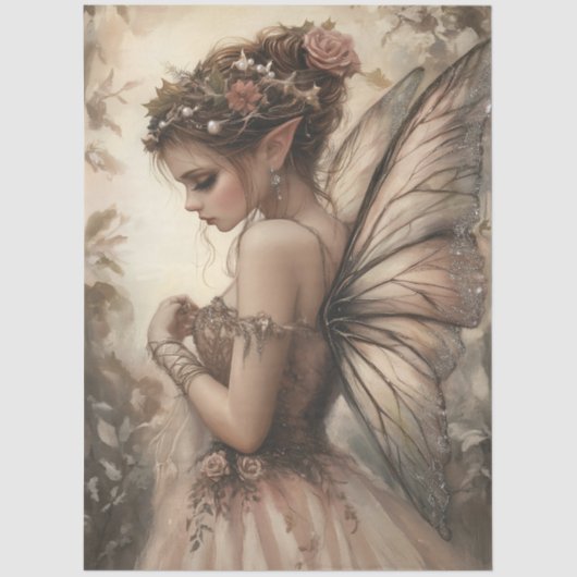 Whimsical Fairy with Pink Roses Decoupage Art 薄葉紙 (正面)