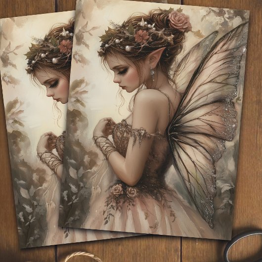 Whimsical Fairy with Pink Roses Decoupage Art 薄葉紙