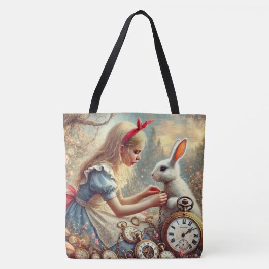 Whimsical Fairytale Art Alice and White Rabbit トートバッグ (正面)