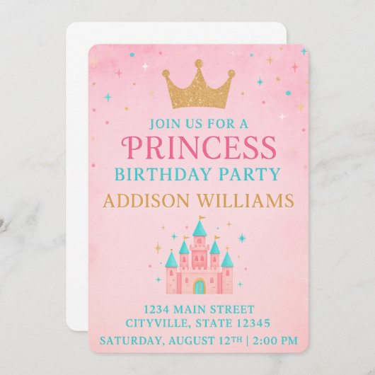 Whimsical Fairytale Princess Castle Birthday 招待状 (正面/裏面)