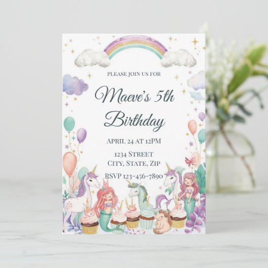 Whimsical Fantasy Creatures Kids Birthday Party 招待状 (スタンド正面)