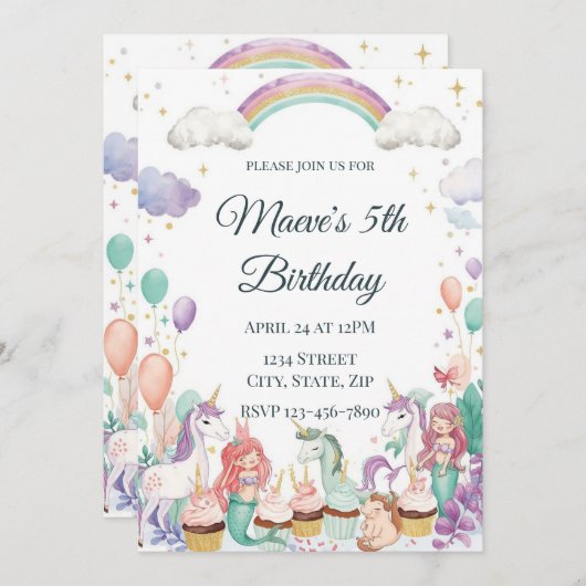 Whimsical Fantasy Creatures Kids Birthday Party 招待状 (正面/裏面)