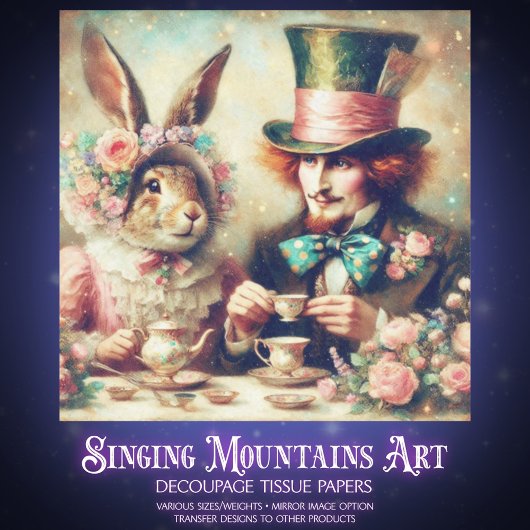 Whimsical Fantasy Mad Hatter Rabbit Tea Decoupage 薄葉紙