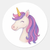 Whimsical Fantasy Smiling Unicorn Sticker ラウンドシール (正面)