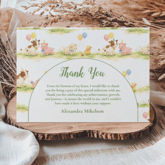 Whimsical Farm Animals Pastel 1st Birthday サンキューカード