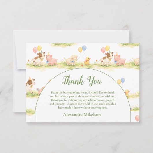 Whimsical Farm Animals Pastel 1st Birthday サンキューカード (正面)