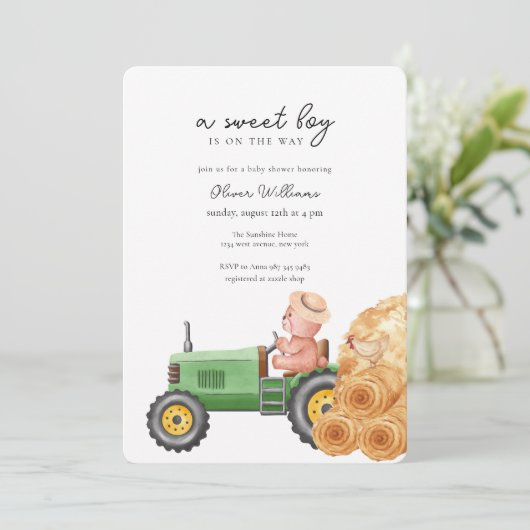 Whimsical Farmer Tractor Teddy Bear Baby Shower  招待状 (スタンド正面)