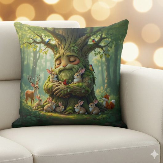 Whimsical Father Tree with Woodland Creatures クッション