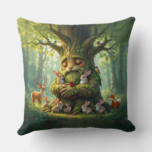 Whimsical Father Tree with Woodland Creatures クッション (裏面)