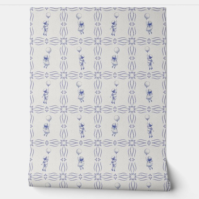 Whimsical faux crackle blue Delft style nursery 壁紙 (ほどく)