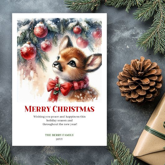 Whimsical Fawn Watercolor Winter Christmas Card  シーズンカード
