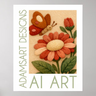 Whimsical Felt Butterfly and Flower Folk Art ポスター