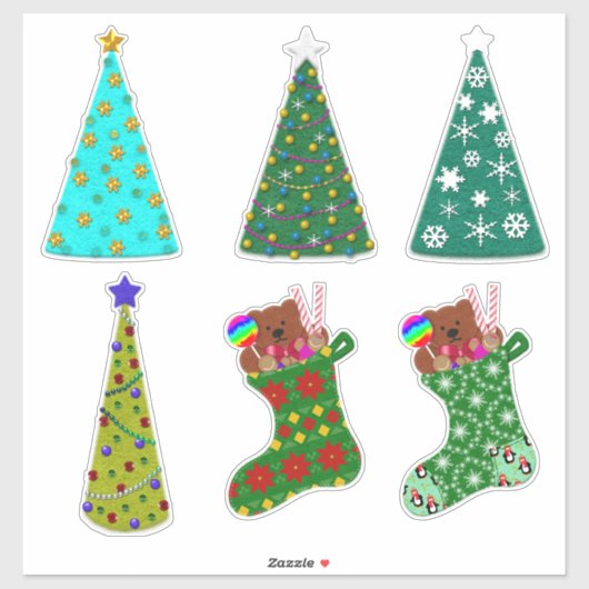 Whimsical Felt Look Christmas Trees & Stockings シール (シート)