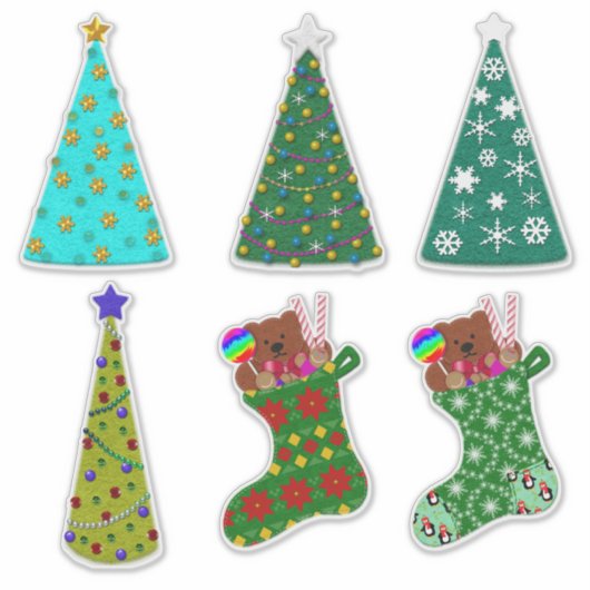 Whimsical Felt Look Christmas Trees & Stockings シール (正面)