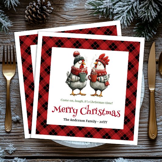 Whimsical festive chickens napkin with custom name スタンダードカクテルナプキン