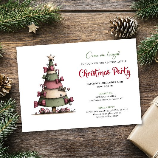 Whimsical festive tree modern holiday invitation 招待状