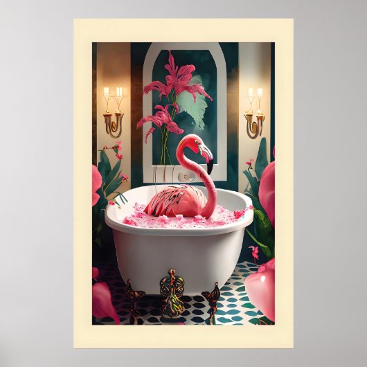 Whimsical Flamingo Bathtub Art Print Playful ポスター (正面)