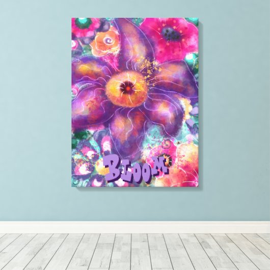 Whimsical Floral Abstract Art Teal Personalized キャンバスプリント (インサイチュ (ウッドフロア))