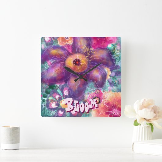 Whimsical Floral Abstract Art Teal Personalized  スクエア壁時計 (ホーム)