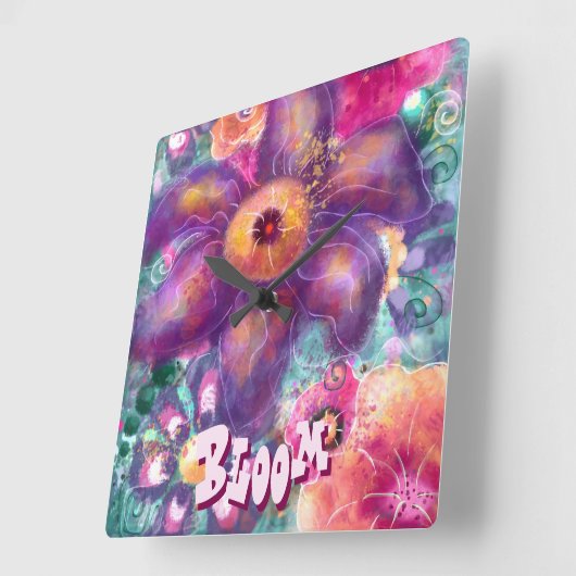 Whimsical Floral Abstract Art Teal Personalized  スクエア壁時計 (傾斜)