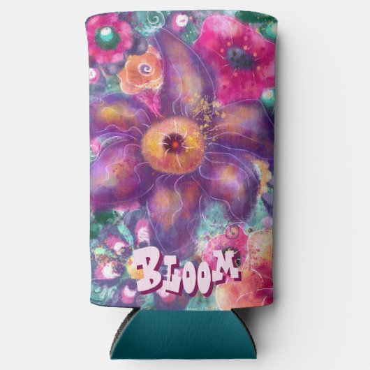 Whimsical Floral Abstract Art Teal Personalized  スリム缶クーラー (正面)