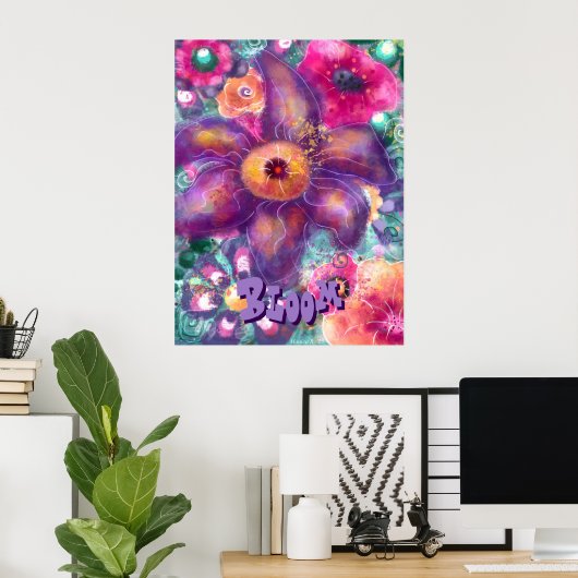 Whimsical Floral Abstract Art Teal Personalized ポスター (ホームオフィス)