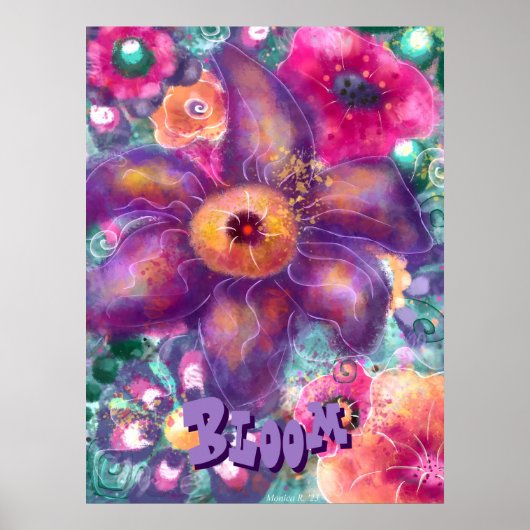 Whimsical Floral Abstract Art Teal Personalized ポスター (正面)