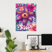 Whimsical Floral Abstract Art Teal Personalized ポスター (ホームオフィス)