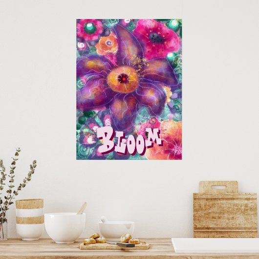 Whimsical Floral Abstract Art Teal Personalized ポスター (キッチン)