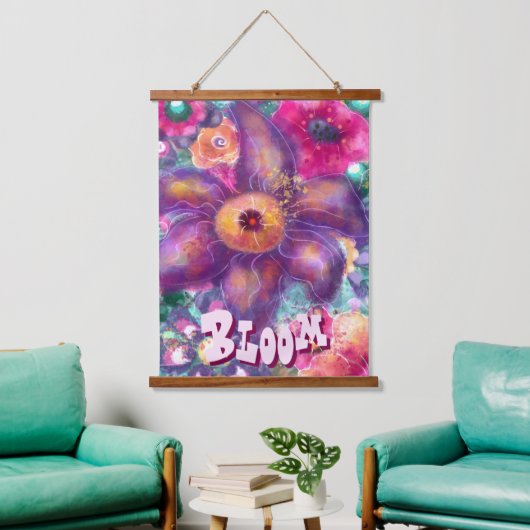 Whimsical Floral Abstract Art Teal Personalized 吊り下げ型タペストリー (リビング)
