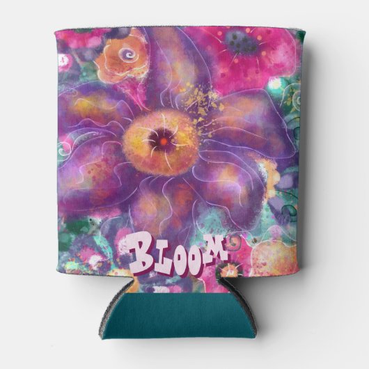 Whimsical Floral Abstract Art Teal Personalized  缶クーラー (正面)