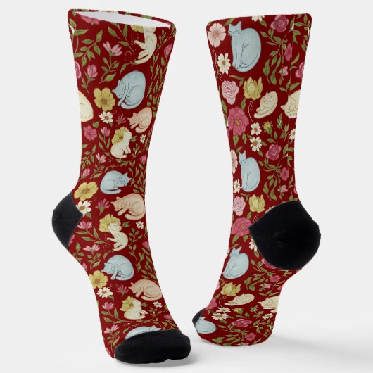Whimsical Floral and Sleepy Cat Pattern Socks ソックス (傾斜あり)