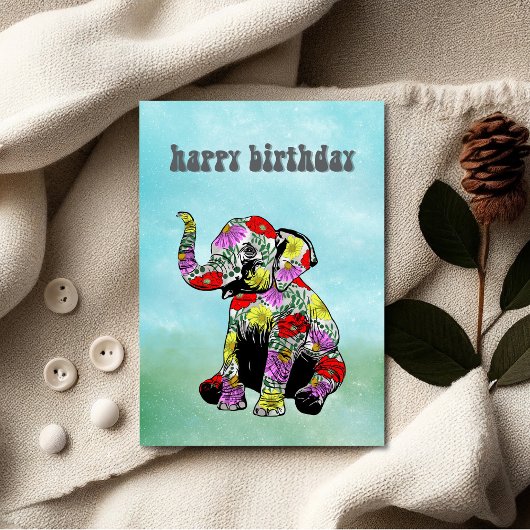 Whimsical Floral Baby Elephant Birthday Card カード