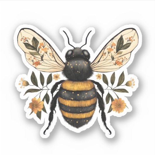 Whimsical Floral Bee Vinyl Sticker シール (正面)