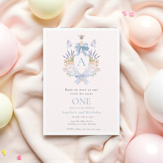 Whimsical Floral Bee Watercolor 1st Birthday 招待状