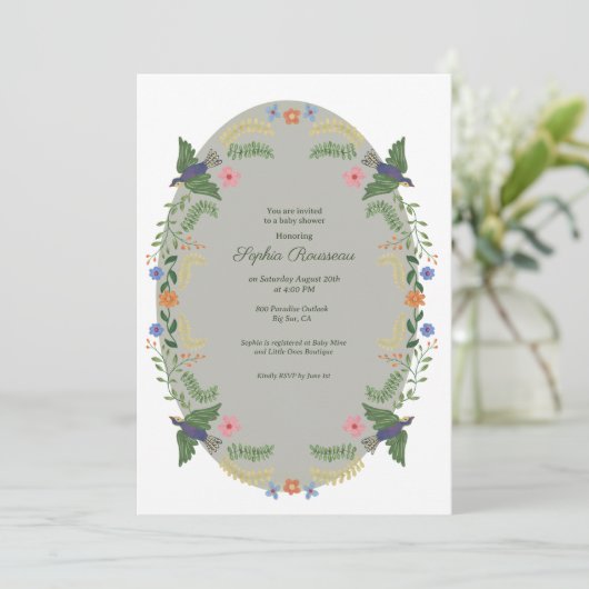 Whimsical Floral Birds Baby Shower 招待状 (スタンド正面)
