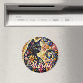 Whimsical Floral Black Cat Kitty Personalized マグネット (インサイチュ (食洗機))
