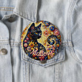 Whimsical Floral Black Cat Kitty Personalized 缶バッジ (インサイチュ)