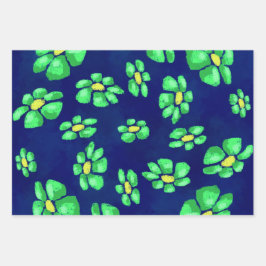 Whimsical Floral Blue Green Flowers Decoupage ラッピングペーパーシート